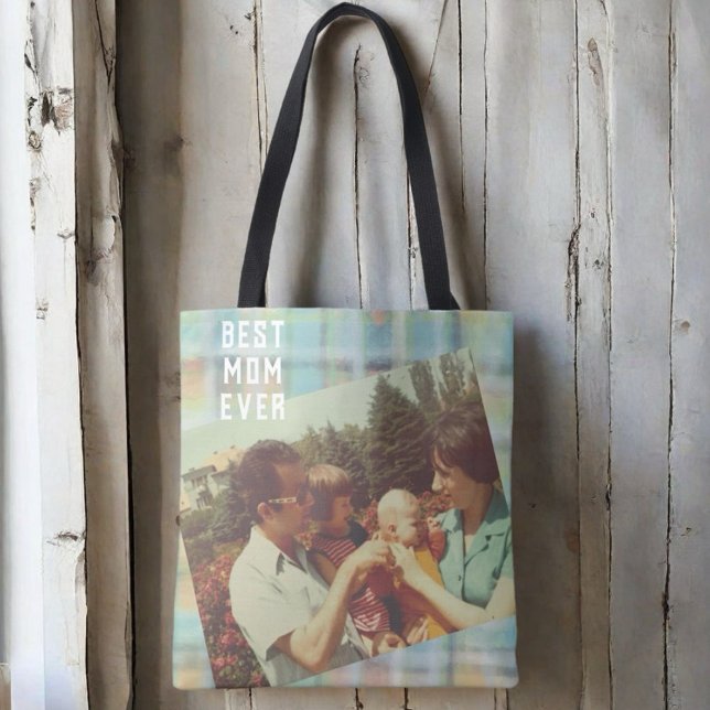 Bolsa Tote Melhor mãe Foto personalizada de xadrez verde verd (Criador carregado)