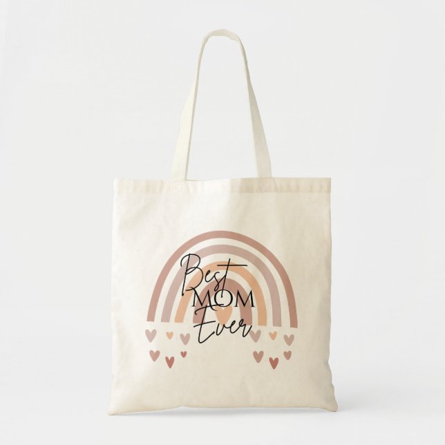 Bolsa Tote Melhor Mãe Nunca Boho Rainbow & Hearts (Frente)