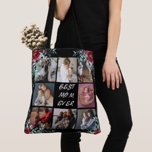 Bolsa Tote MELHOR MOM EVER 8 Foto Colagem Floral elegante