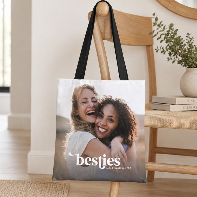 Bolsa Tote Melhores Amigas BFF Foto Personalizada (elegant modern stylish chic typography besties custom photo tote bag with custom names)