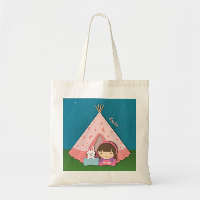 Bolsa Tote Menina Acampando Tenda Teepee Coelho (Frente)