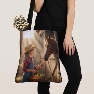 Bolsa Tote Menina Alimentando um Cavalo com Cenouras