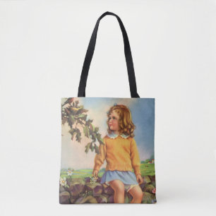 Bolsa Tote Menina Antiga Observando Pássaros em uma Árvore, P