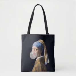 Bolsa Tote Menina com brinco de pérola soprando chiclete