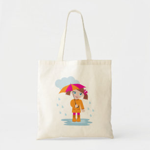 Bolsa Tote Menina com capa de chuva laranja e guarda-chuva ro