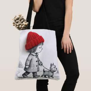 Bolsa Tote Menina com Chapéu Vermelho 3D Passeando com o Cach