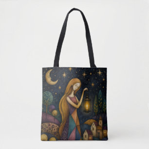 BOLSA TOTE MENINA COM LANTERNA SOB O CÉU ESTRELADO AZUL