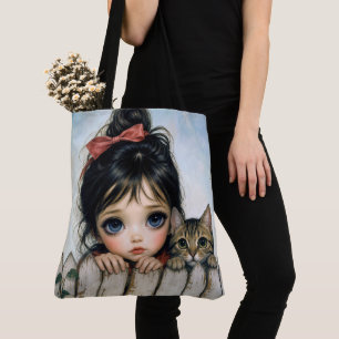 Bolsa Tote Menina com Olhos Grandes e Gato de Estimação