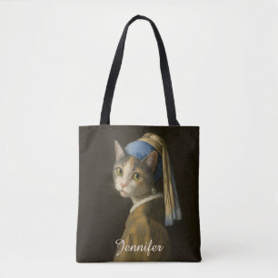 Bolsa Tote Menina com um Gato Brinco de Pérola