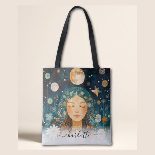 Bolsa Tote Menina Cósmica Boho Lua & Ilustração de Margarida
