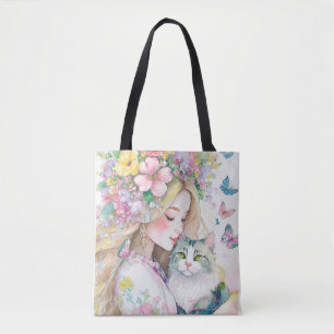 Bolsa Tote Menina da primavera com flores e gato