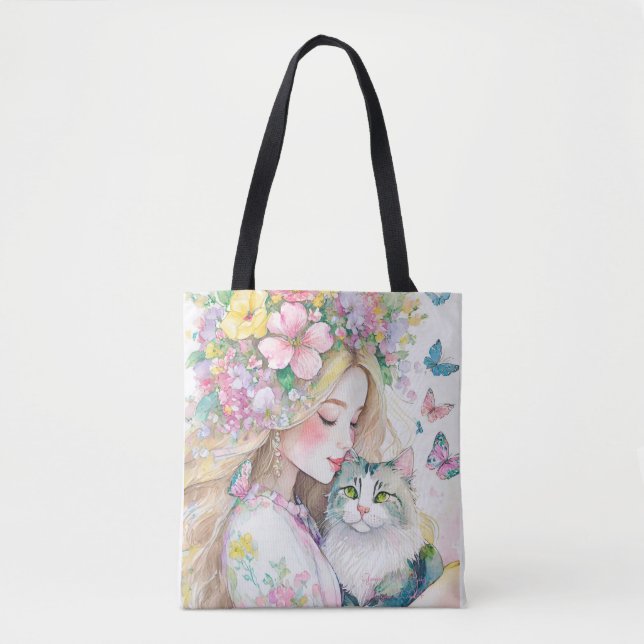 Bolsa Tote Menina da primavera com flores e gato (Frente)