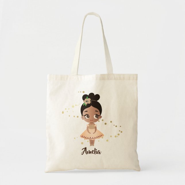 Bolsa Tote Menina Dançando Ballerina com Flor, Dourada (Frente)