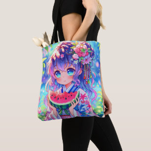 Bolsa Tote Menina de animação bonita comendo melancia no dia 