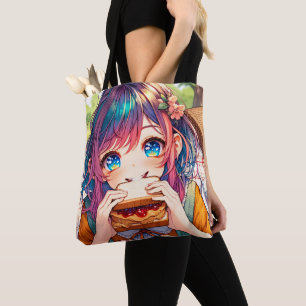 Bolsa Tote Menina de Animação Bonita comendo uma Manteiga de
