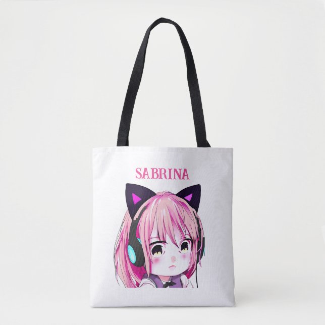 Bolsa Tote Menina de animação branca personalizada com orelha (Frente)