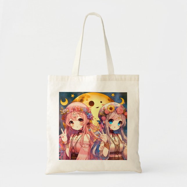 Bolsa Tote Menina de anime Hippie Moon Girls Dando Sinal de P (Frente)