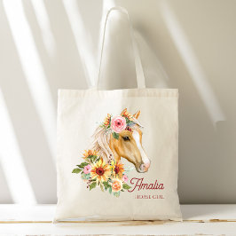 Bolsa Tote Menina de cavalo Palomino, cavalo com girassol