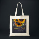 Bolsa Tote Menina de flores de sol de quadro elegante<br><div class="desc">Ponta russa elegante de verão ou casamento outono de outono/madrinha de casamento/florista/mãe da noiva ou mãe do saco de tote nobre na meia-noite marinho azul-quadro apresentando um belo buquê de girassóis e cordas de luzes cintilantes com texto personalizado. Preencha suas informações nos pontos, Você pode optar por personalizá-las mudando ainda...</div>