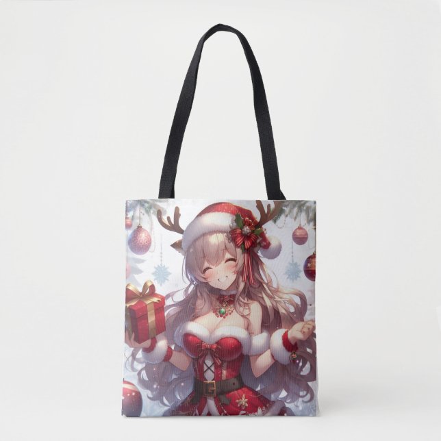Bolsa Tote Menina de Natal de animação bonita (Frente)