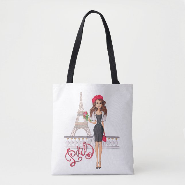 Bolsa Tote Menina de Paris da forma pintado mão (Frente)