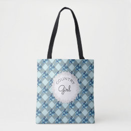 Bolsa Tote Menina do Campo Padrão de Flores Xadrez Azul