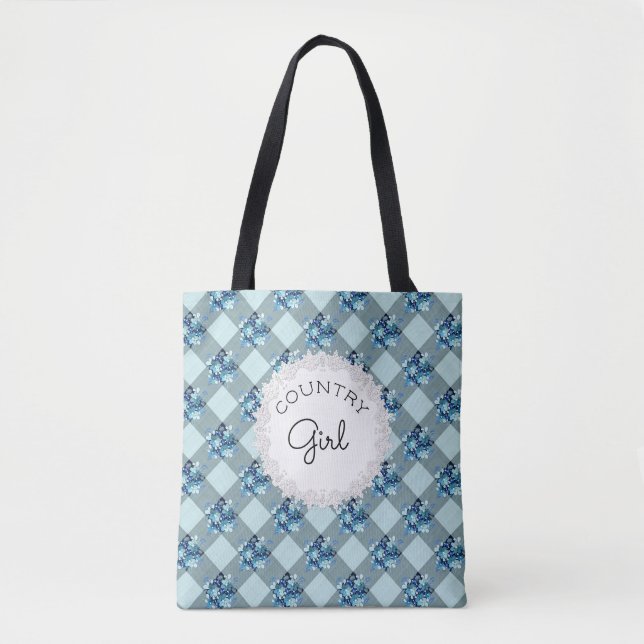 Bolsa Tote Menina do Campo Padrão de Flores Xadrez Azul (Frente)