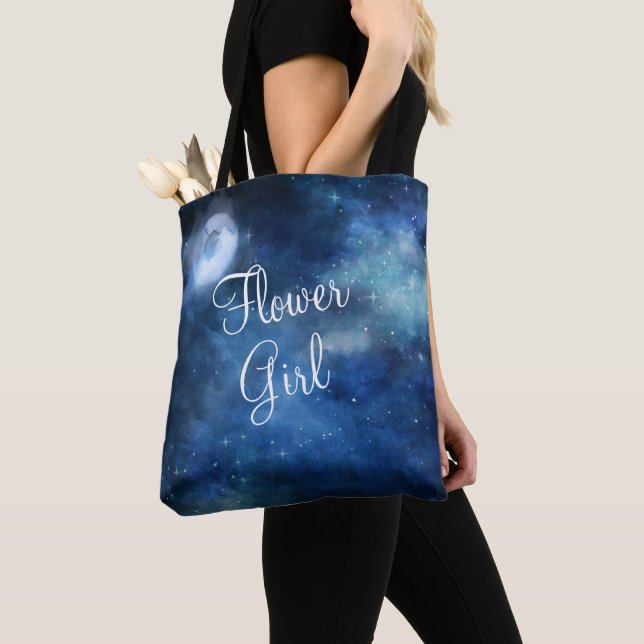 Bolsa Tote Menina Flor Lua Céu Lua Cheia Galáxia Celestial (Close Up)