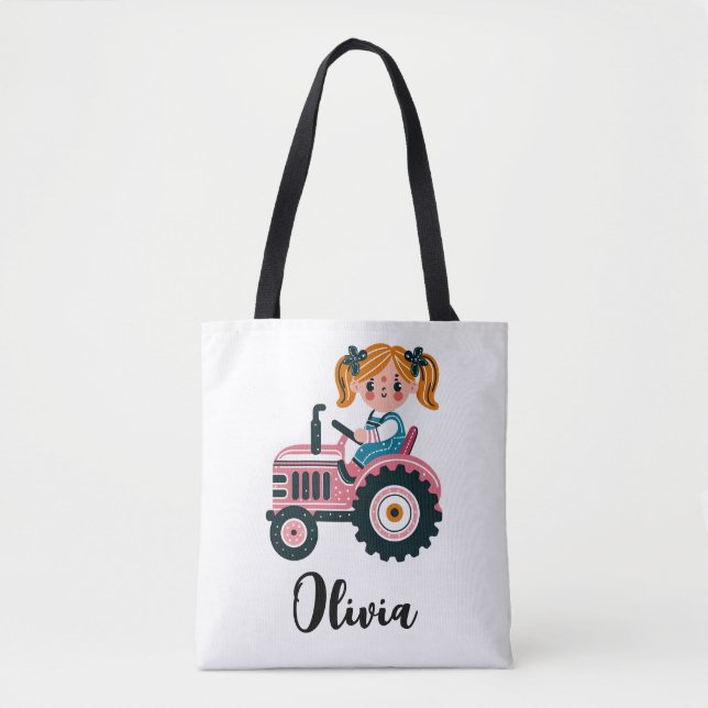Bolsa Tote Menina Fofa em Trator Rosa Personalizado (Frente)
