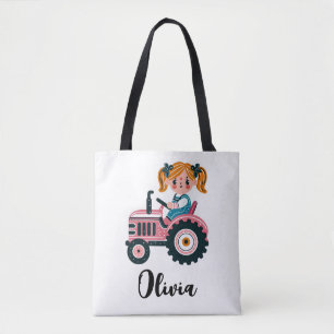 Bolsa Tote Menina Fofo no Trator Rosa Personalizado