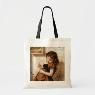Bolsa Tote Menina, gato do gatinho & pássaro - pintura do