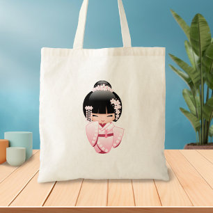Bolsa Tote Menina Kokeshi Kawaii Quimono Rosa