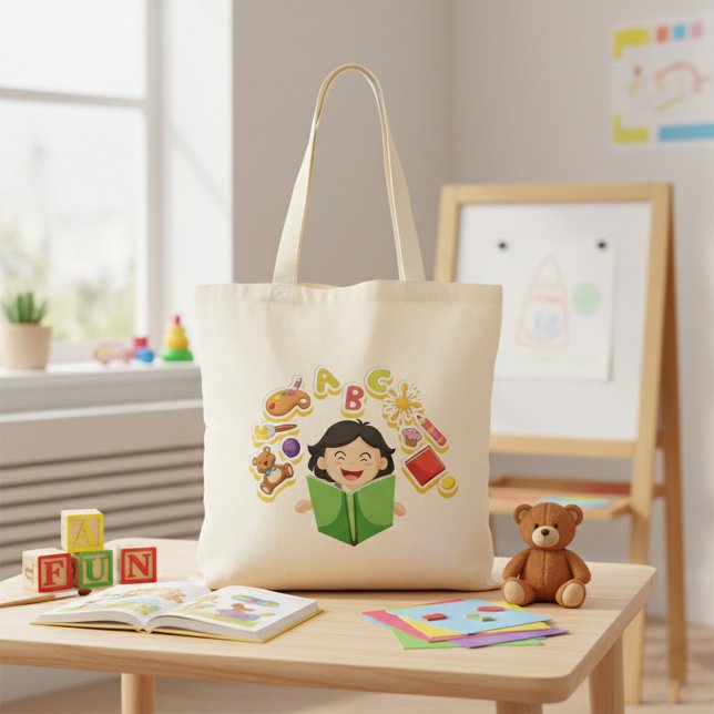 Bolsa Tote Menina Lendo Aprendendo Letras ABC e Brinquedos (Criador carregado)