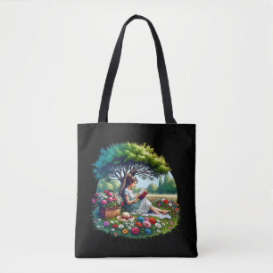 Bolsa Tote Menina lendo sob uma árvore cercada por flores