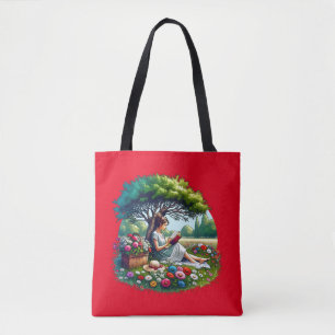Bolsa Tote Menina lendo sob uma árvore cercada por flores