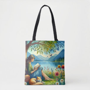 Bolsa Tote Menina lendo um livro sob uma árvore com um gato s