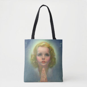 Bolsa Tote Menina Loira Angelical com Auréola e Estrelas Reza