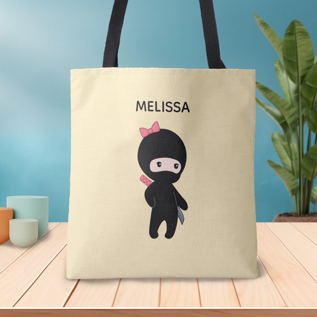 Bolsa Tote Menina Ninja, nome personalizado em amarelo (Criador carregado)