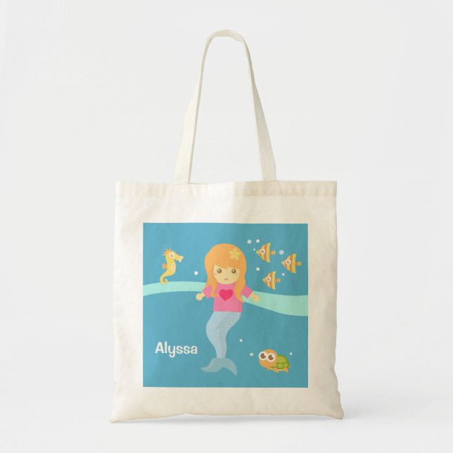 Bolsa Tote Menina pequena bonito da sereia sob os animais de (Frente)