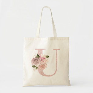 Bolsa Tote Menina Rosa Dourado Pálido Brilho Floral U Monogra