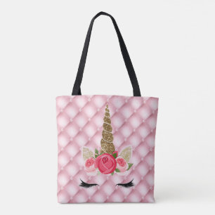 Bolsa Tote Menina Unicórnio Rosa e Glitter Dourado Rosas Tend