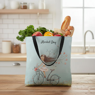 Bolsa Tote Menina Vintage em Bicicleta Mercado Floral