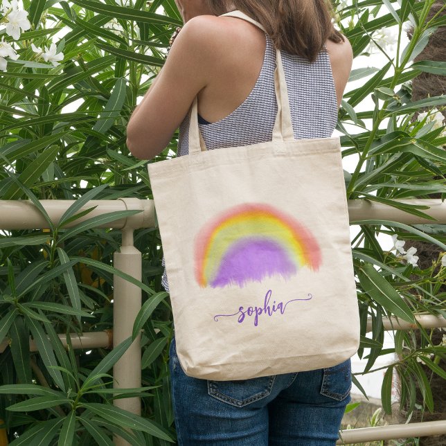 Bolsa Tote Meninas aguarela arco-íris moderno nome script (Criador carregado)