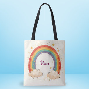 Bolsa Tote Meninas' Arco-íris Encantador com Estrelas Brilhan