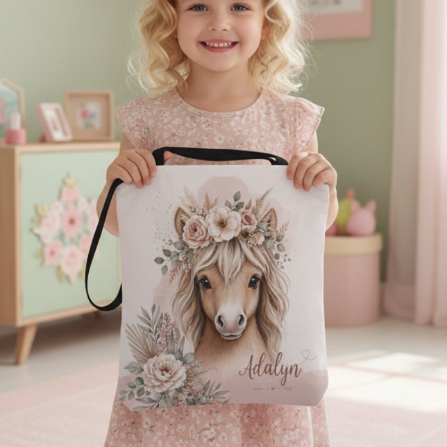 Bolsa Tote Meninas Boho de Cavalo Nome Personalizado  (Criador carregado)