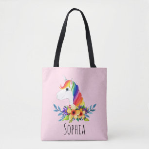 Bolsa Tote Meninas Cute Magical Rainbow Unicórn e Nomes Cria