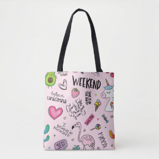 Bolsa Tote Meninas divertem conceito com unicórnio, flamingo,