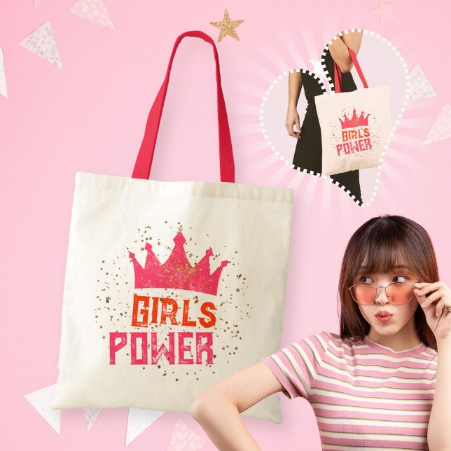 Bolsa Tote Meninas Funk, Coroa Dourada, estrelas rosa-vermelh (Funky Girls Power Crown Gold Stars Pink Red Tote Bag ©Susanne Sachers - Sunny Mind 🌞)