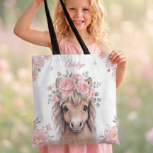 Meninas Lindo Rosa Floral Cavalo Nome Personalizad