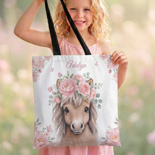 Bolsa Tote Meninas Lindo Rosa Floral Cavalo Nome Personalizad